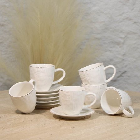 طقم فناجين قهوة 6/6 بورسلان ابيض اطار محززحيف ذهبي A48/23 =ع4