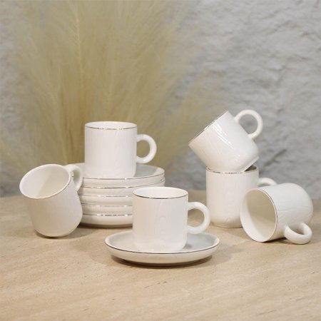 طقم فناجين قهوة 6/6 بورسلان ابيض مشجر حيف ذهبي A48/26 =ع4