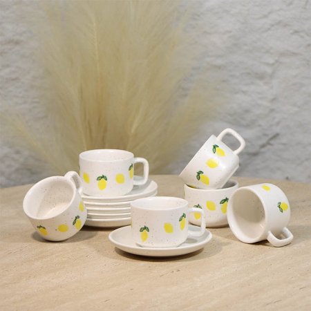 طقم فناجين قهوة 6/6 بورسلان ابيض منقط مرسم ليمون A48/28 =ع4