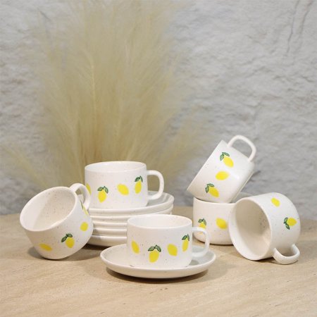 طقم فناجين شاي6/6 بورسلان ابيض منقط مرسم ليمون A48/29 =ع4