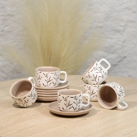 طقم فناجين قهوة 6/6 بورسلان ابيض مشجر متكة كابتشينو A48/32 =ع4