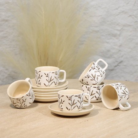 طقم فناجين قهوة 6/6 بورسلان ابيض مشجر متكة بيج A48/33 =ع4