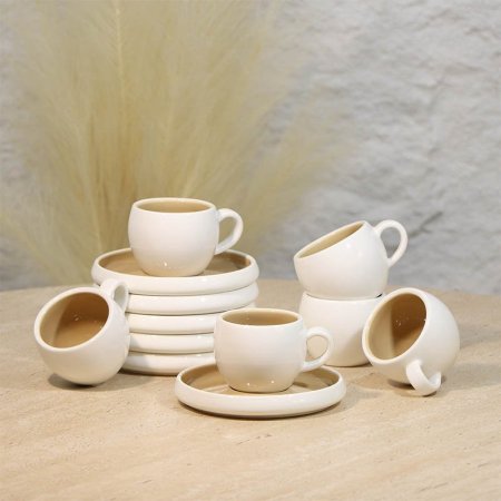 طقم فناجين قهوة 6/6 بورسلان ابيض كابتشينو صحن مدور A48/37 =ع4