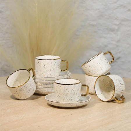 طقم فناجين قهوة 6/6 بورسلان ابيض محزز منقط الوان حيف ذهبي A48/39 =ع4