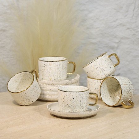 طقم فناجين شاي 6/6 بورسلان ابيض محزز منقط الوان حيف ذهبي A48/40 =ع4