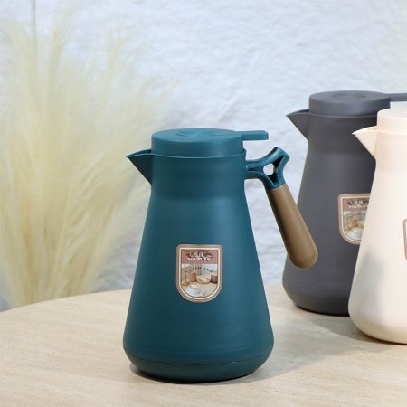 تيرموس غطا ضغط بلاستك 1 لتر بطريق ملون يد بلاستك خشبي Y101 ++م.د