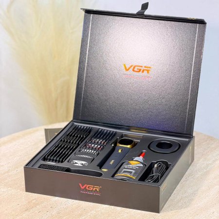 صندوق حلاقة 16قطعة ماكنة حلاقة V-855C-GOLD رقمية + 11 درجة + زيت حلاقة وفرشاة =WW
