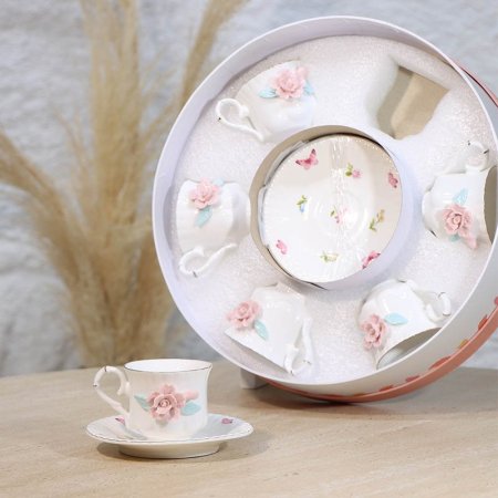 طقم فناجين قهوة 6/6 بورسلان ابيض بكلة وردة علبة مدور A34/1 =ع1