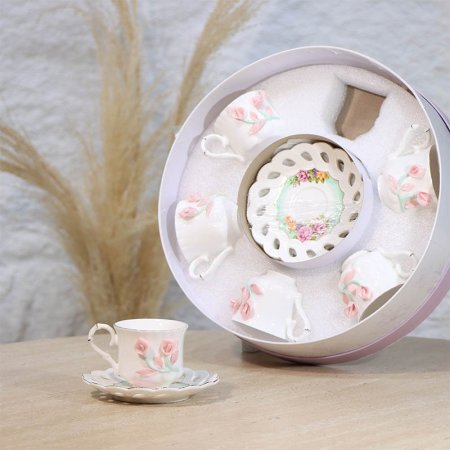 طقم فناجين قهوة 6/6 بورسلان ابيض بكلة ورد توليب علبة مدور A34/2 =ع1