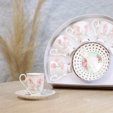 طقم فناجين قهوة 6/6 بورسلان ابيض بكلة ورد توليب علبة قوس A34/3 =ع1