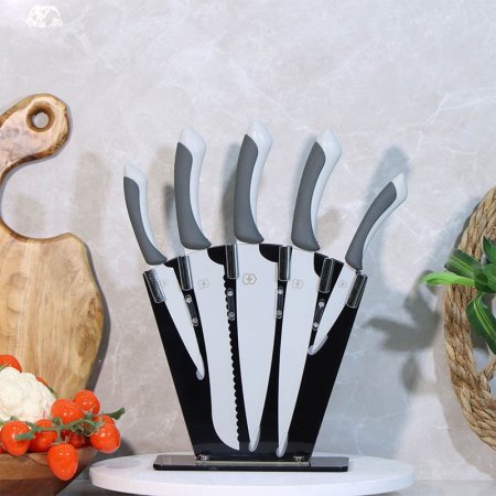 طقم/6 ستاند حمالة +5 سكاكين احجام ستانلس يد عظم ملون A107/4 =ع3