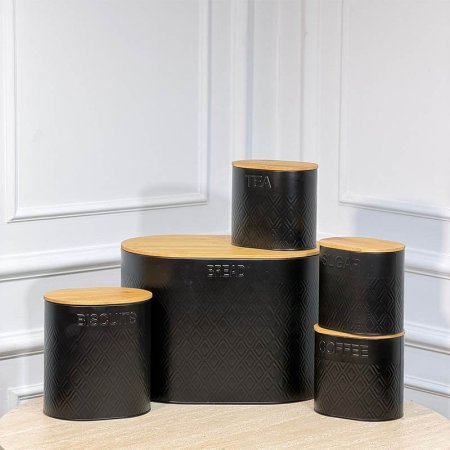 طقم /5 حافظة خبز + 4 علب بهارات ستانلس اسود غطا خشب A107/18 =ع3