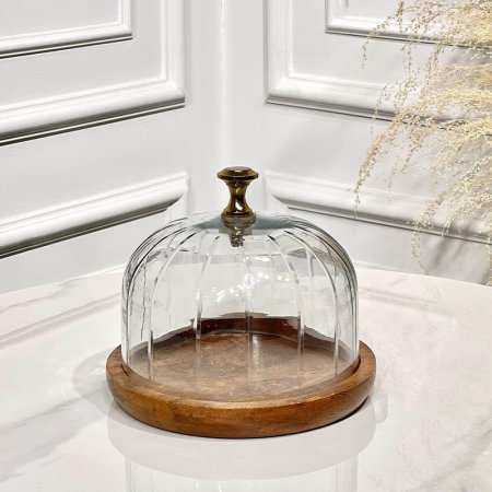 جاط حلويات خشب مدور 21سم غطا زجاج محزز مسكة نحاس هندي 202412-S %ه4