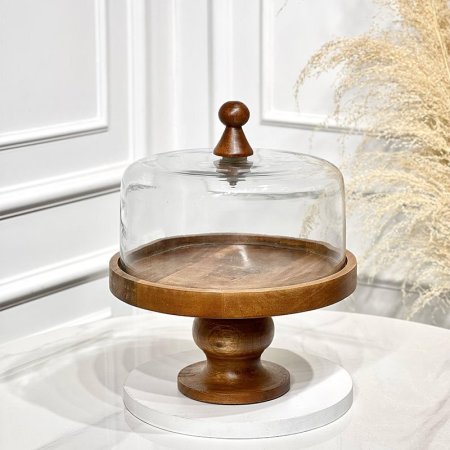 جاط حلويات خشب مدور 25سم غطا زجاج برجل هندي 202423-S %ه4