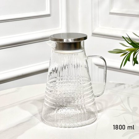 كوز زجاج شفاف 1800مل محزز بالطول والعرض غطا ستانلس ستيل G++ ASC1135