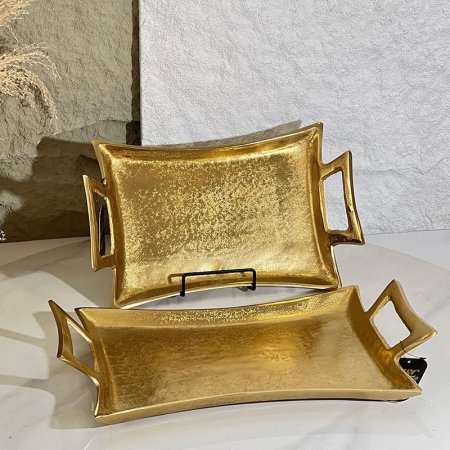 طقم/2 صواني مستطيل 32*18سم +38*21سم مخصر نحاس هندي 8239376 %ه5