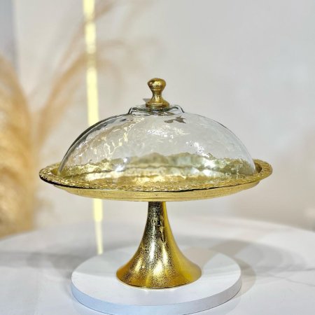 جاط كيك بيضاوي برجل 32*20*15سم نحاس هندي غطا زجاج 87423 %ه6