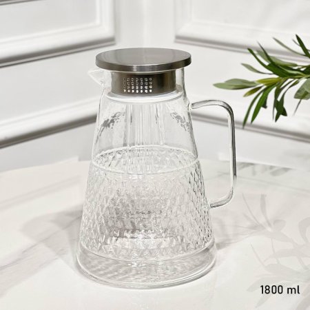 كوز زجاج شفاف 1800مل محفر بقلاوة محزز غطا ستانلس ستيل G++ ASC1136