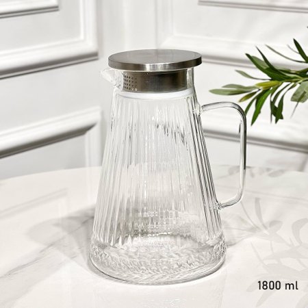 كوز زجاج شفاف 1800مل محزز غطا ستانلس ستيل G++ ASC1137