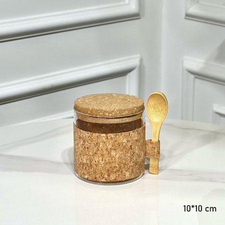 مطربان زجاج شفاف مدور 10*10سم خصر وغطا خشب مع ملعقة G++ ASC1111