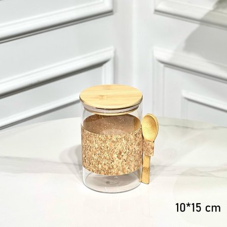 مطربان زجاج شفاف مدور 10*15سم خصر وغطا خشب بامبو مع ملعقة G++ ASC1112