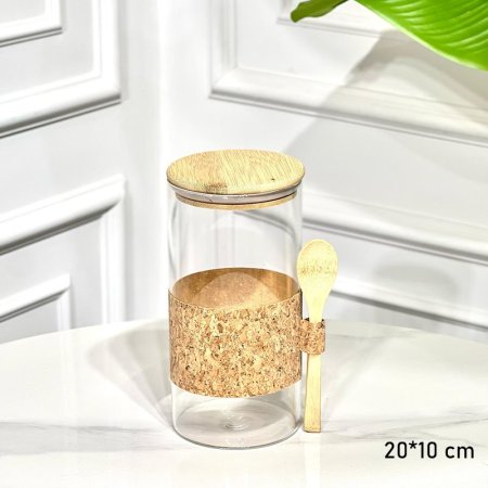 مطربان زجاج شفاف مدور 10*20سم خصر وغطا خشب بامبو مع ملعقة G++ ASC1113