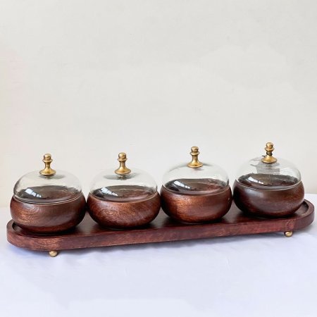 طقم /5 صينية  57*16سم بيضاوي +4 صحون خشب غطا زجاج مسكة نحاس هندي 8239424 %ه5