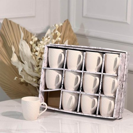 طقم ماغ /12 بورسلان ابيض مبزر محفر ورد A301/9=و1