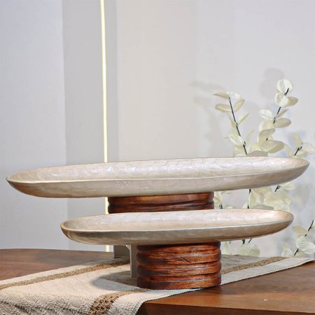 طقم /2 جاط فواكه تنك بيج 57+47سم بيضاوي 89946LS قاعده خشب بني B هندي %ه14