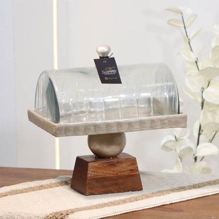 مضيفه تنك بيج 17*25سم مستطيل  89596W قاعده خشب بني غطا زجاج B هندي %ه14