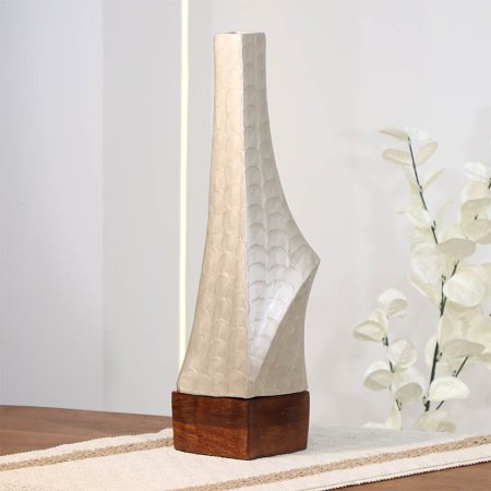 فازة تنك بيج 42سم طويل 89953S قاعدة خشب بني B هندي %ه14