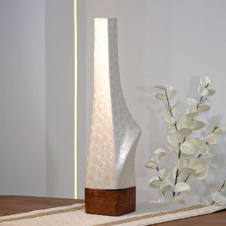 فازة تنك ابيض 49سم طويل 89953L قاعدة خشب بني W هندي %ه14