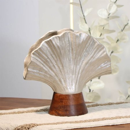 فازة تنك بيج 24سم ورقه محار محزز 89948S قاعدة خشب بني B هندي %ه14