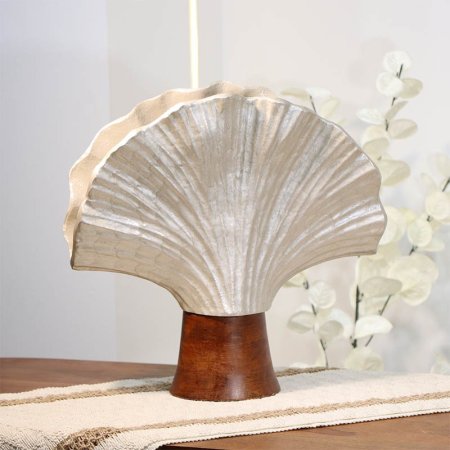 فازة تنك بيج 32سم ورقه محار محزز 89948M قاعدة خشب بني B هندي %ه14