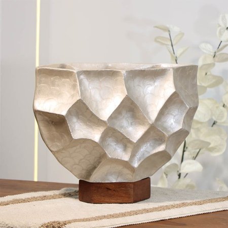 فازة تنك بيج 25سم وجه محزز خليه نحل  89951 قاعدة خشب بنيB هندي %ه14