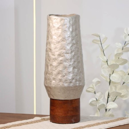 فازة تنك بيج 39سم مزهريه اسطوانة  89950S قاعدة خشب بنيB هندي %ه14