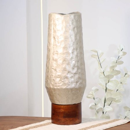 فازة تنك بيج 48سم مزهريه اسطوانة  89950L قاعدة خشب بني B هندي %ه14