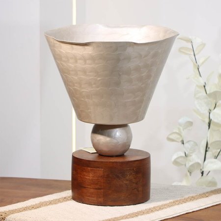 فازة تنك بيج 34سم شكل سهارة 89635S  قاعده خشب بني B هندي %ه14