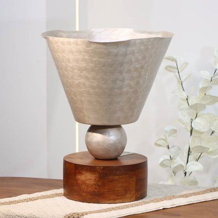 فازة تنك بيج 39سم شكل سهارة 89635L  قاعده خشب بني B هندي %ه14