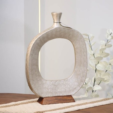 فازة تنك بيج 34سم حلقه بعنق 89954S قاعده خشب بني B هندي %ه14