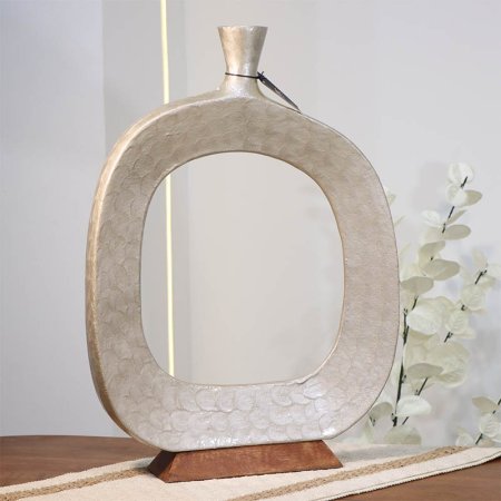 فازة تنك بيج 50سم حلقه بعنق 89954M قاعده خشب بني B هندي %ه14