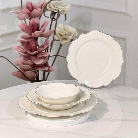 طقم صحون 24 قطعة بورسلان ابيض اطار مشرف بلاتيني JMD0564 ++ع6