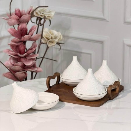 طقم/5 4صحون مكسرات بورسلان ابيض مزخرف ورق حيف ذهبي غطا طاجن+صينية خشب JMD0575 ++ع6