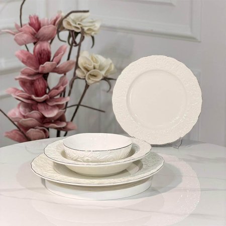 طقم صحون 24 قطعة بورسلان ابيض اطار مزخرف ورق حيف ذهبي  JMD0569 ++ع6