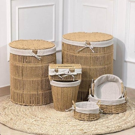 طقم قش/7 طقم سلال/2+صندوق/3+سلةوبكيت محارم مدور مبطن قماش بني A33/21 =و1