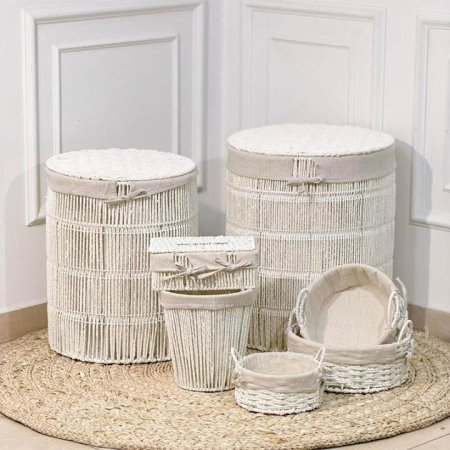 طقم قش/7 طقم سلال/2+صندوق/3+سلةوبكيت محارم مدور مبطن قماش ابيض A33/22