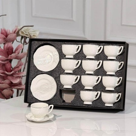 طقم فناجين قهوة 12/12بورسلان ابيض مزخرف ورق JMD0571 ++ع6