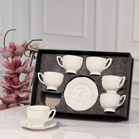 طقم فناجين شاي 6/6 بورسلان ابيض مزخرف ورق JMD0572 ++ع6