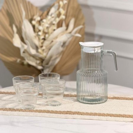 طقم/5 كوز 1.1 لتر غطا بلاستك +4كاسات زجاج محزز ZT-633 ++ت