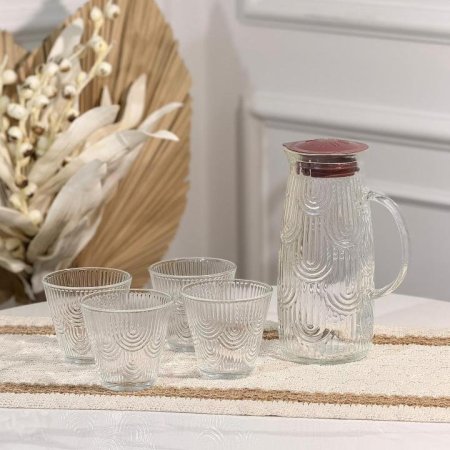 طقم/5 كوز 1 لتر غطا بلاستك +4كاسات زجاج محزز اقواس AIZV508 ++ت